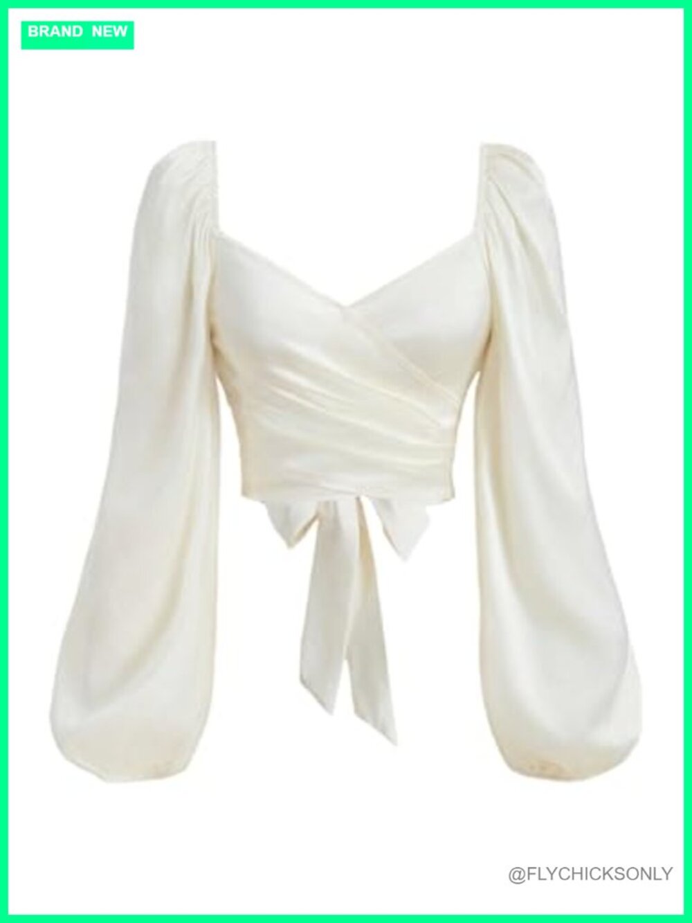 Women's Satin Crop Top Long Sleeve Wrap Bow Tie Back Blouse